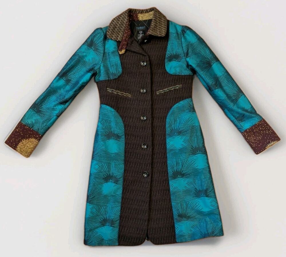 Y2K Custo Barcelona Womens 38 Teal Black Graphic Long Coat Jacket Art Wear
